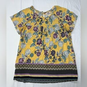 St Johns Bay Women’s Medium Yellow Floral Rayon Short Sleeve Blouse